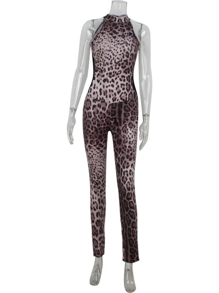 Fitted Leopard Print Jumpsuit with Mesh Side Waist Design - Alexis