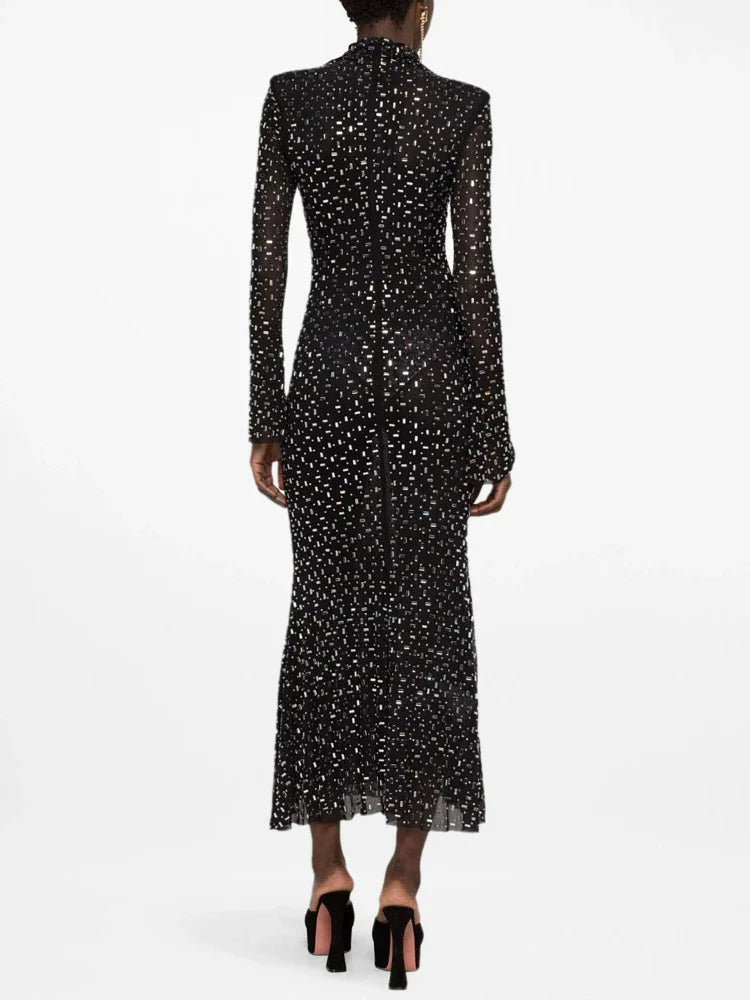 Luxurious Evening Maxi Dress with Sparkling Diamond Embellishment and Turtleneck Collar - Emerson