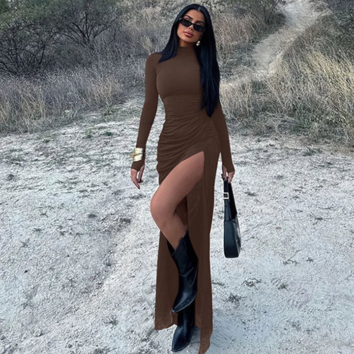 Maxi Dress with Ruching, Turtleneck, and Deep Slit - Sasha