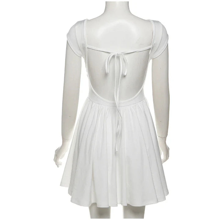 Linen Mini Dress in A-Line with Open Back - Marilyn