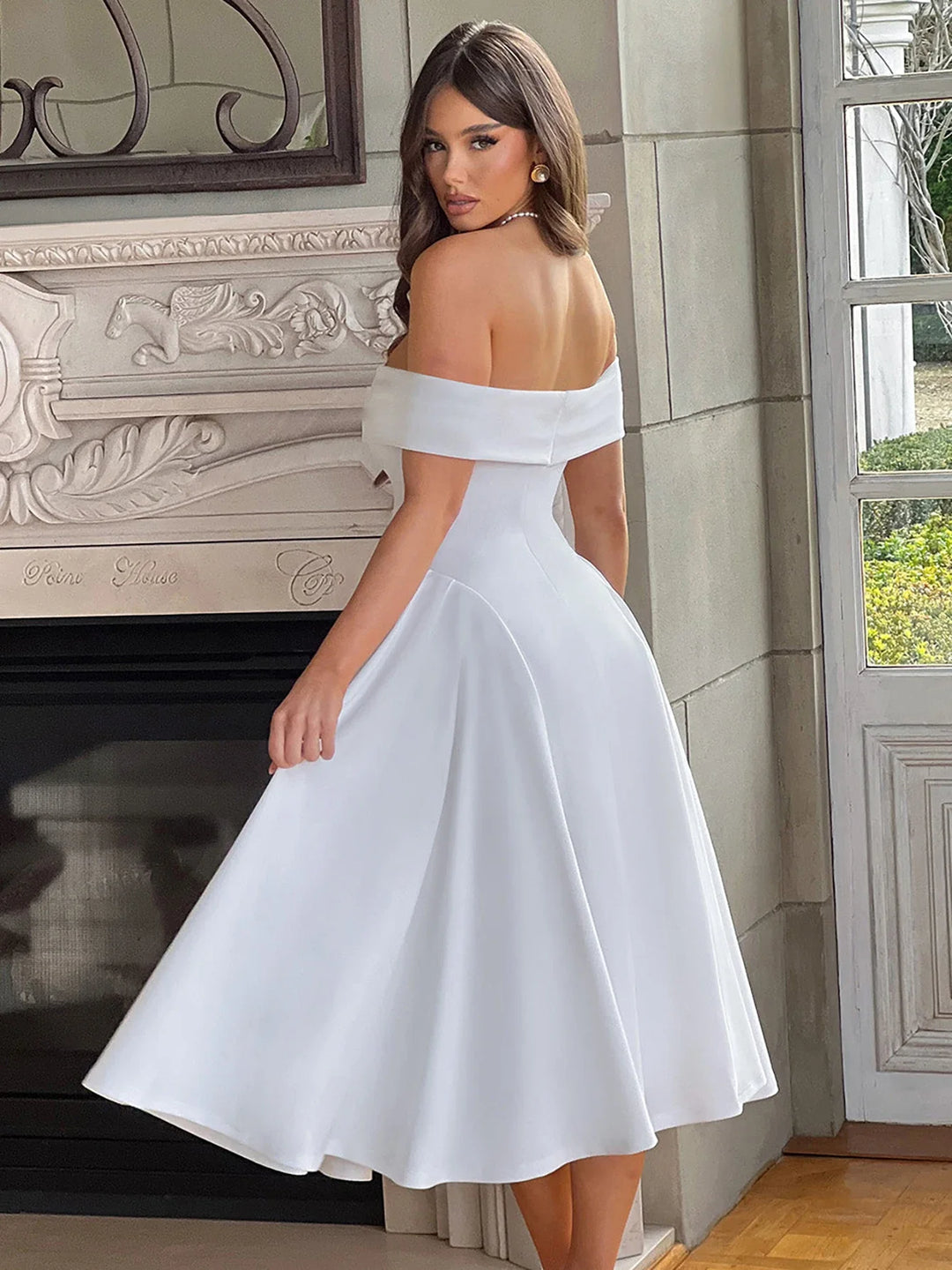 Midi A-Line Dress with Off-Shoulder Design - Ronal