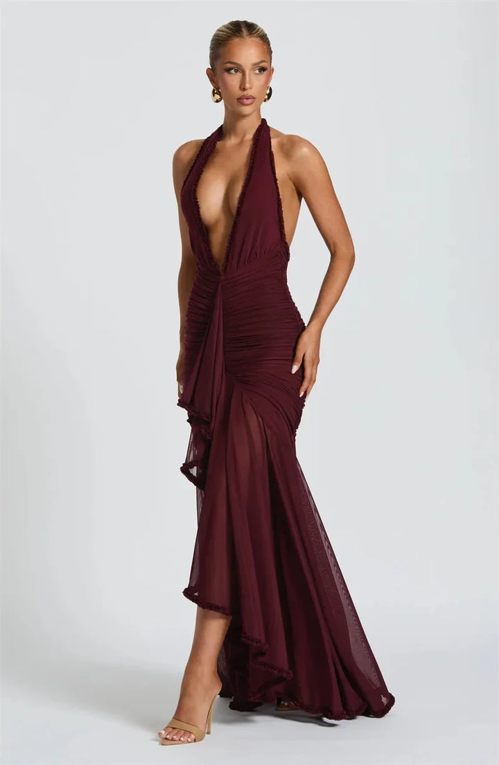 Maxi chiffon dress with ruffles, tie neck, and open back - MARGARITA