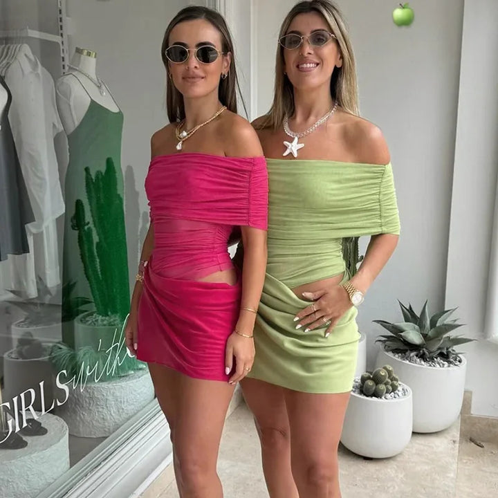 Mini dress with mesh design and off-shoulder - ALEX