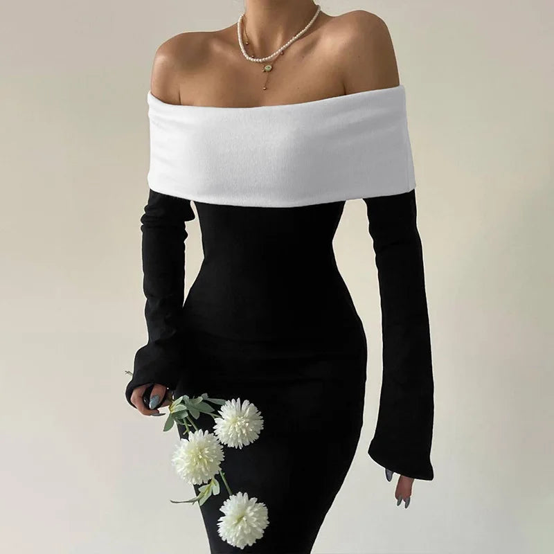 Monochrome Off-Shoulder Maxi Dress - Shindy