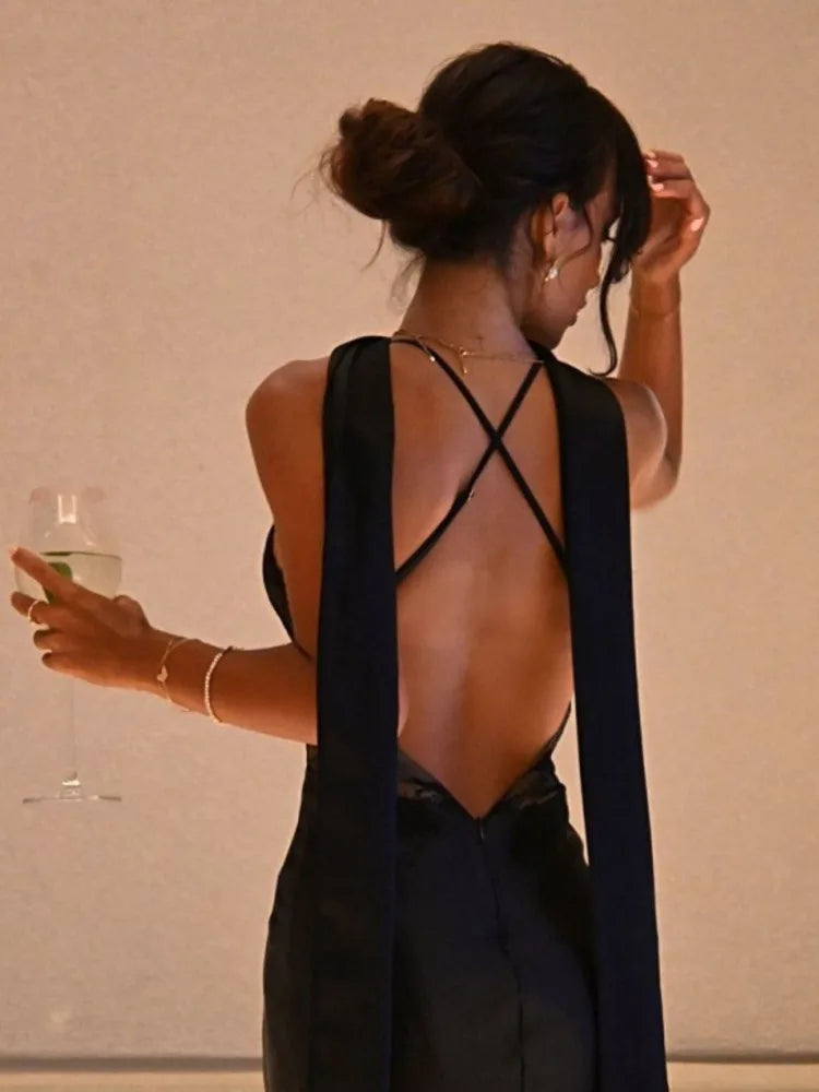 Maxi satin dress with lace decoration and matching scarf, open back - Liset