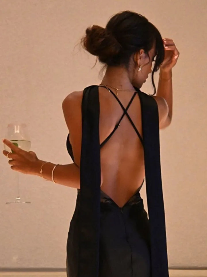 Maxi satin dress with lace decoration and matching scarf, open back - Liset
