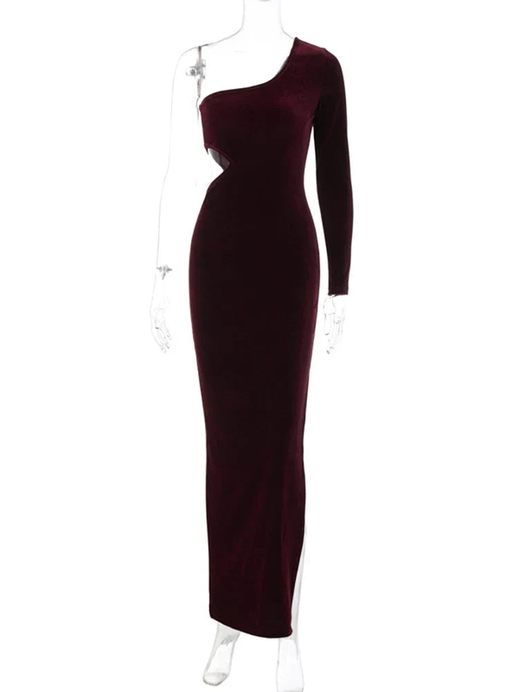 Velvet maxi dress with one sleeve and open back - Alina