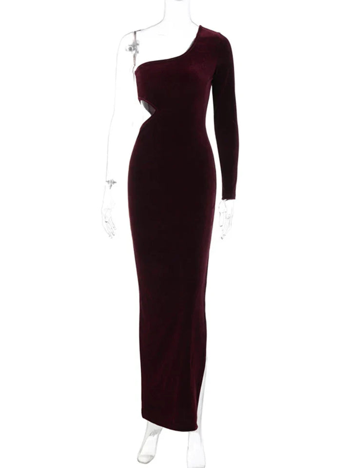 Velvet maxi dress with one sleeve and open back - Alina