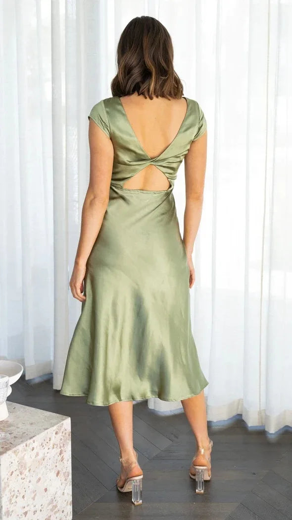 Midi satin dress with slit and open back design - Shray