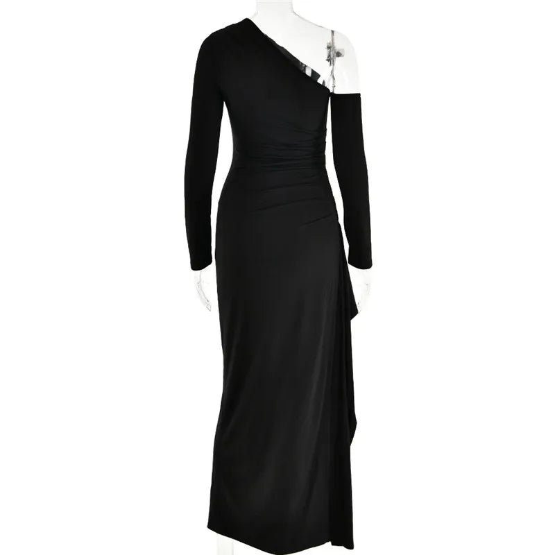 Ruffled maxi dress with shoulder slit and off-shoulder design - Melania
