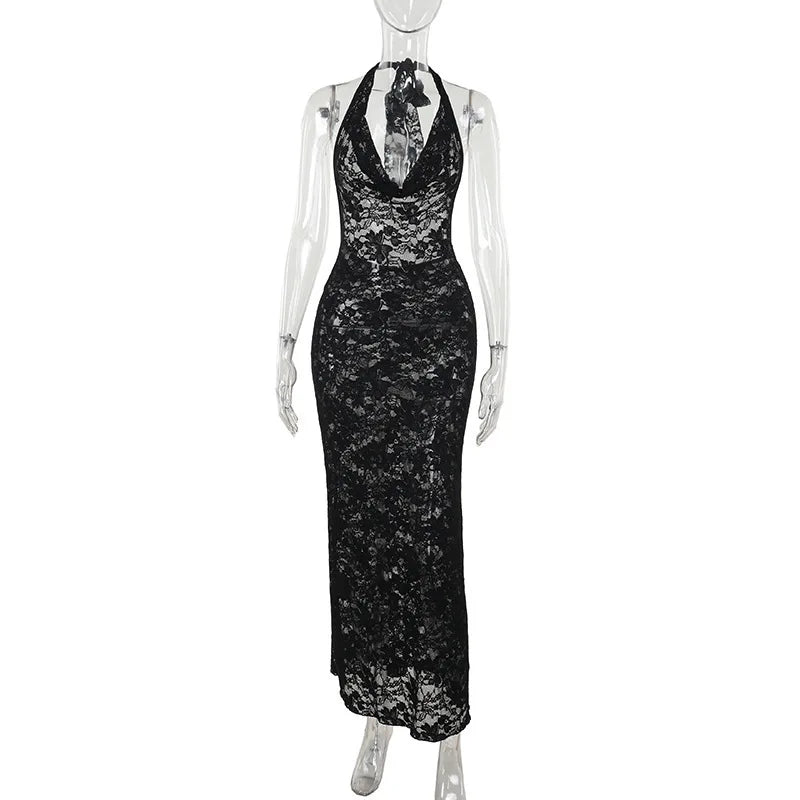 Lace Maxi Dress with Open Back and Draped Collar - Vanilia