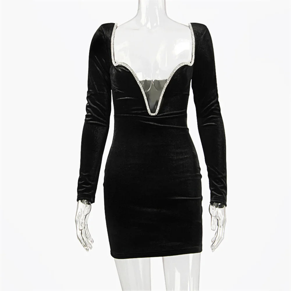 Mini velvet dress with deep V neckline decorated with diamonds - SANA