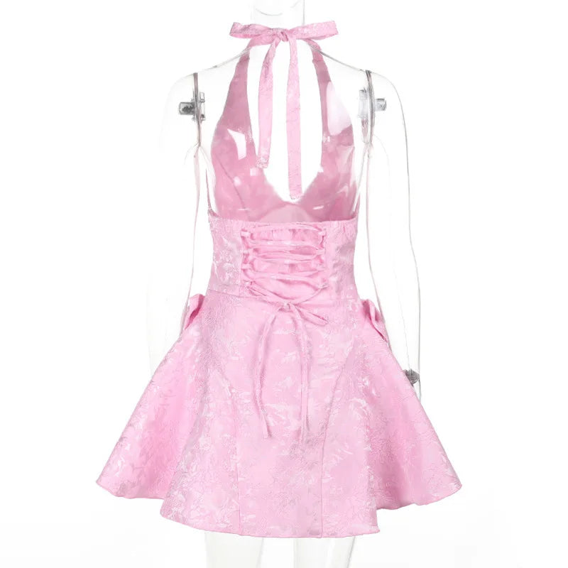 A-line mini dress with neck tie and embroidered floral illustration with bow details - Carolina