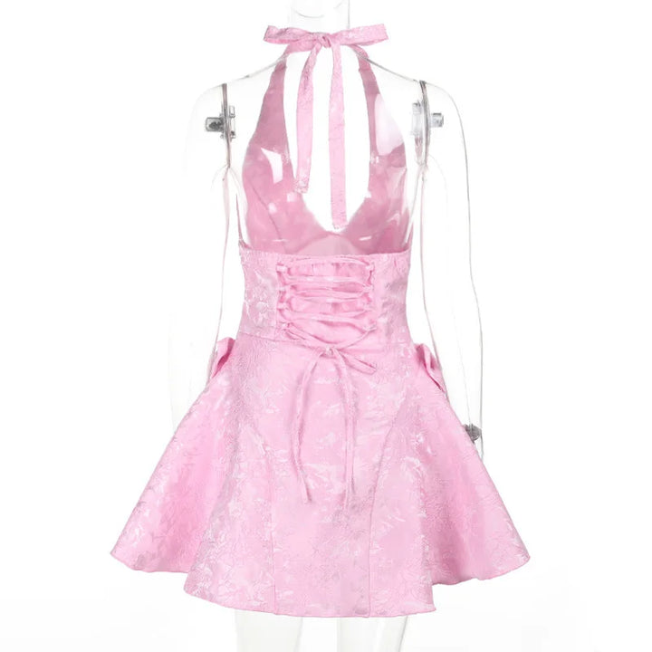 A-line mini dress with neck tie and embroidered floral illustration with bow details - Carolina