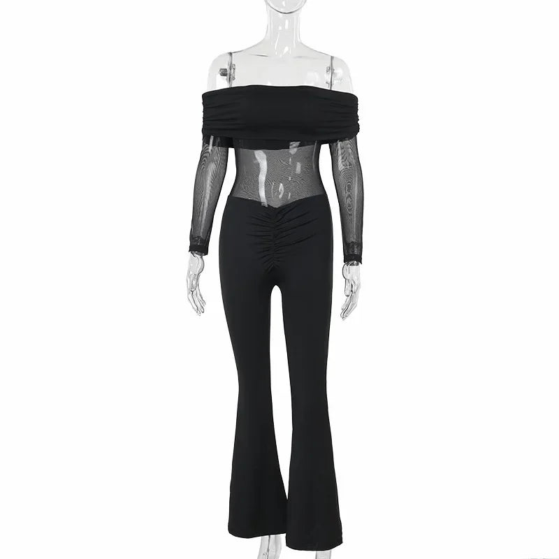 Shaping fabric jumpsuit with mesh design and off-shoulder pedal pants - Maya Lee