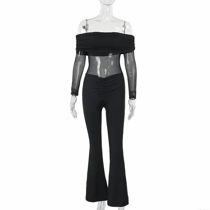 Shaping fabric jumpsuit with mesh design and off-shoulder pedal pants - Maya Lee