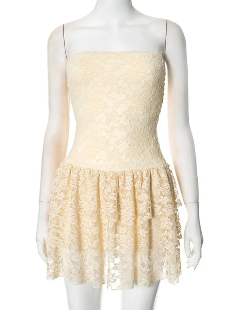 Strapless mini dress with tiered lace ruffle design - Mia Li