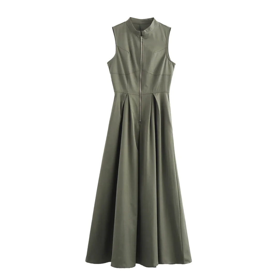 Tailored A-Line Maxi Dress with Front Zipper Closure - Adriana
