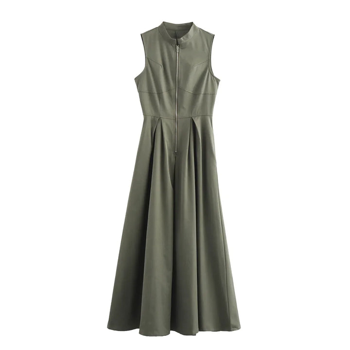 Tailored A-Line Maxi Dress with Front Zipper Closure - Adriana