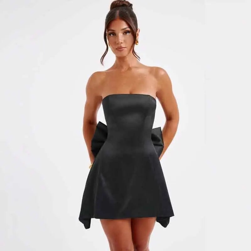 Strapless Satin Mini Dress with A-Line and Asymmetric Bow Detail - Roselyn
