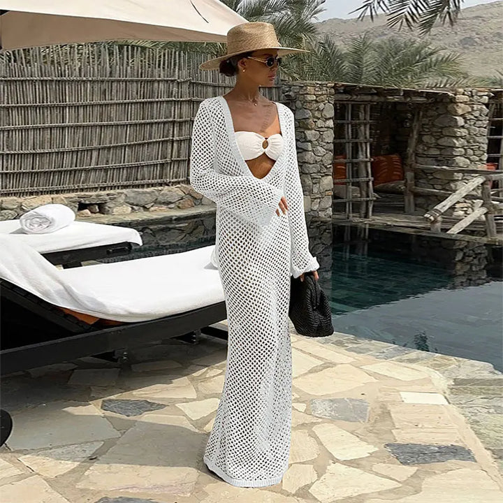 Mesh Maxi Beach Dress with Open Chest/Back - Amber