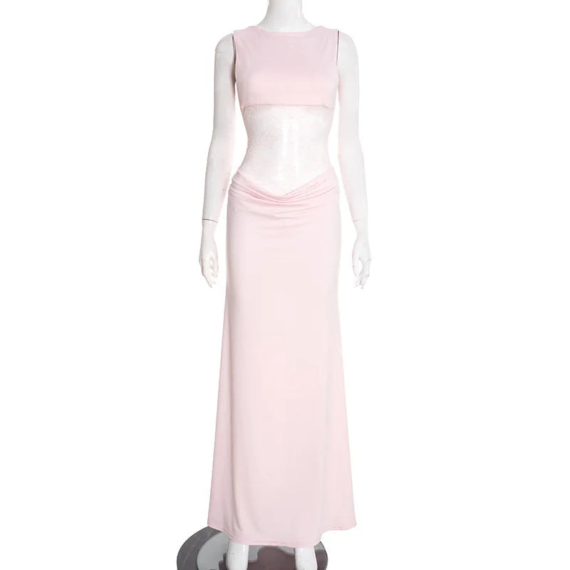Maxi Dress with Lace and Pleats, Open Back - Lilin