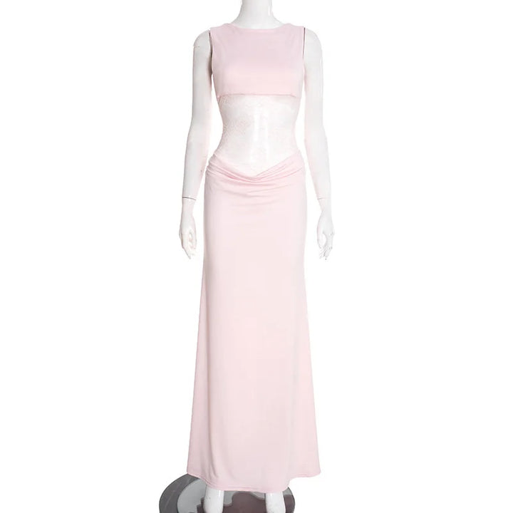 Maxi Dress with Lace and Pleats, Open Back - Lilin