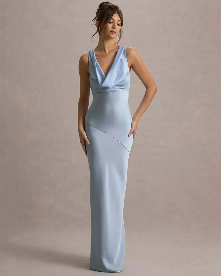 Maxi satin dress with draped collar and open back - Alexis
