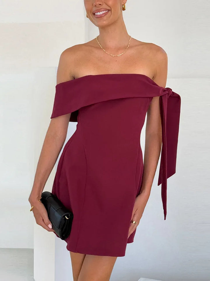 Mini A-line dress with bare shoulders decorated with tie - Sheli
