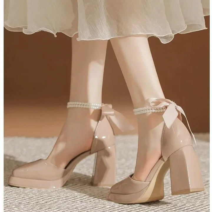 Shiny Faux Leather High Heels with Pearl and Bow Decoration - Vivian