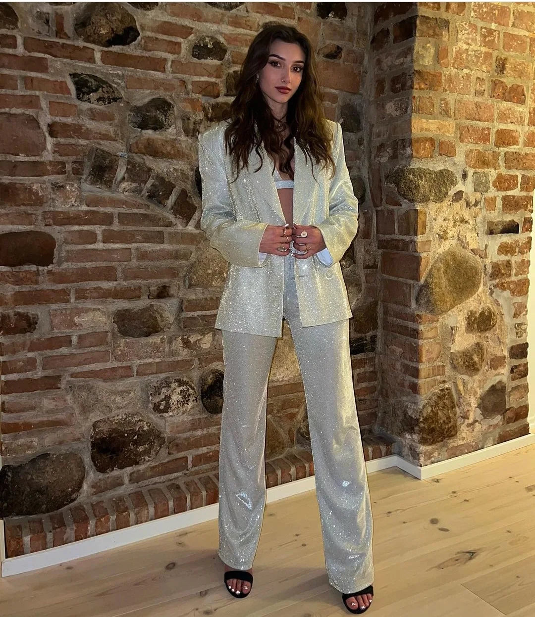 Three-Piece Sequin Suit with Bra, Blazer, and Long High-Waisted Pants - Pasha
