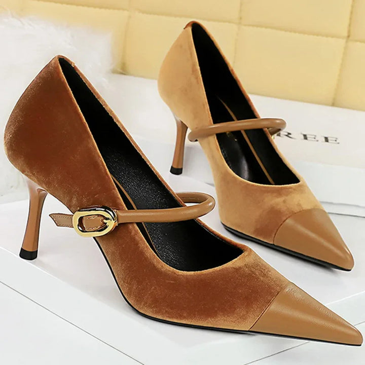 Pointed Heel Shoes with Velvet and Faux Leather Buckle Decoration - Mabel
