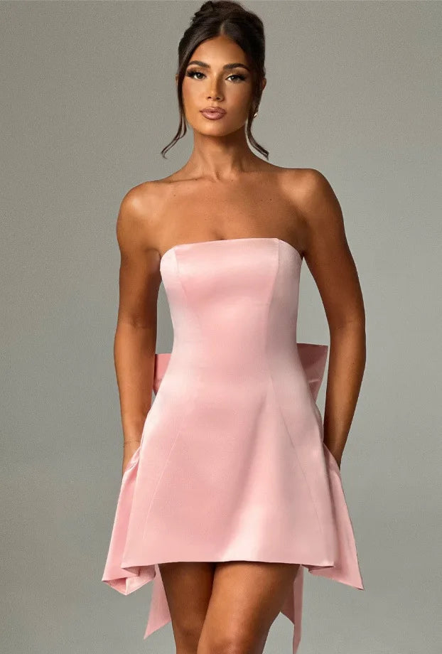 Strapless Satin Mini Dress with A-Line and Asymmetric Bow Detail - Roselyn