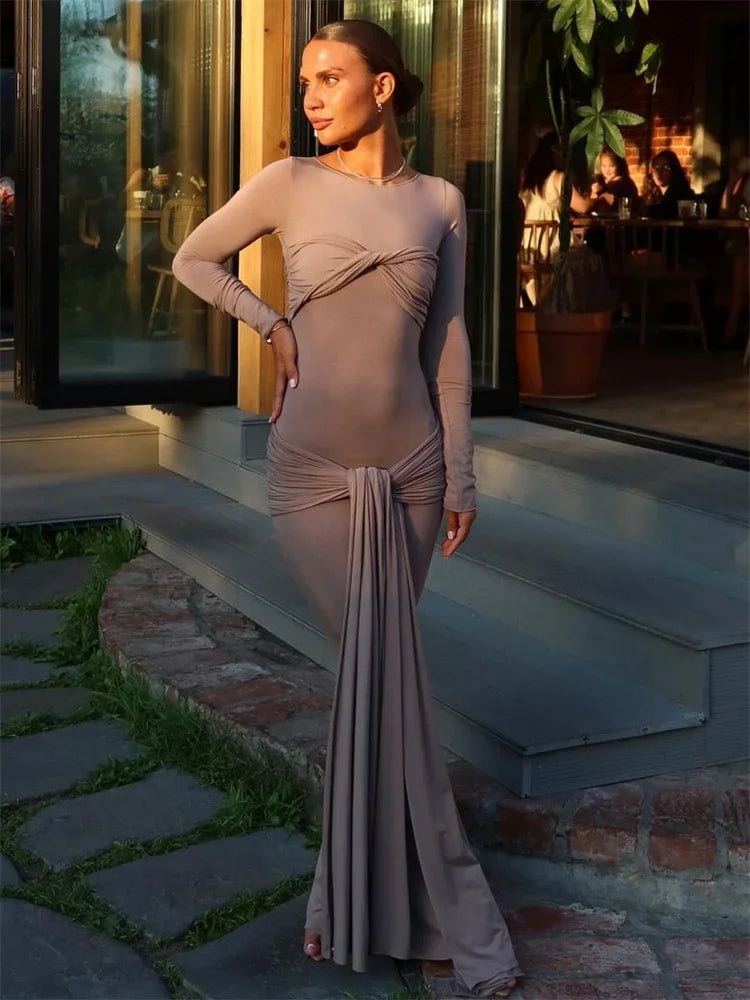 Modest Maxi Dress with Ruching and Tie Detail - Nahev