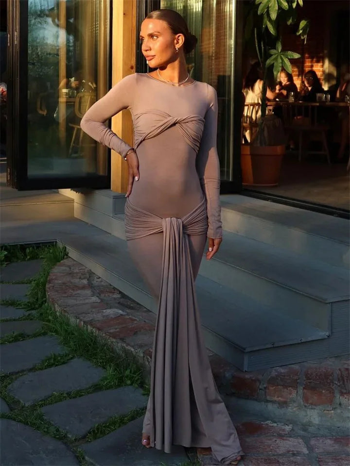 Modest Maxi Dress with Ruching and Tie Detail - Nahev