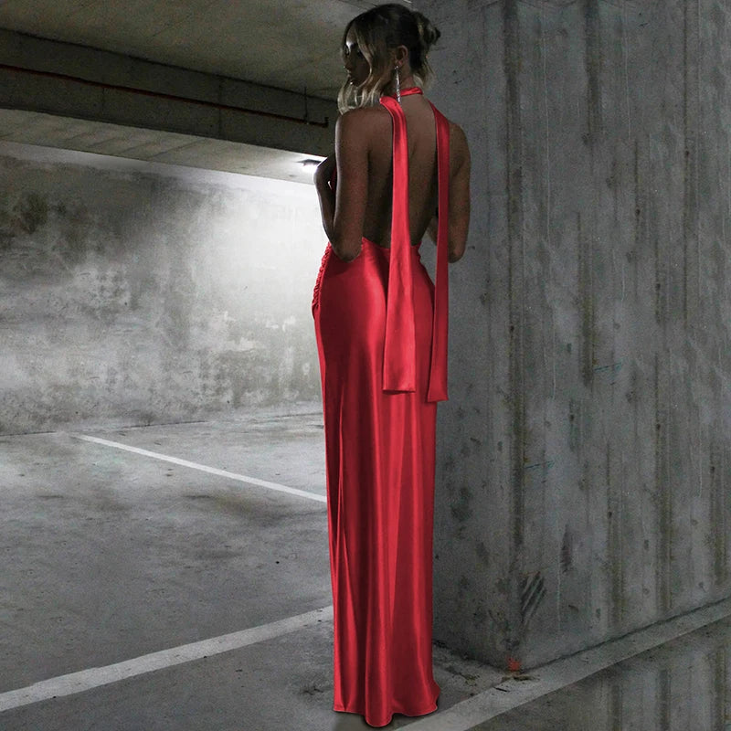 Open Back Satin Maxi Dress with Slit and Matching Scarf Decoration - Felicia