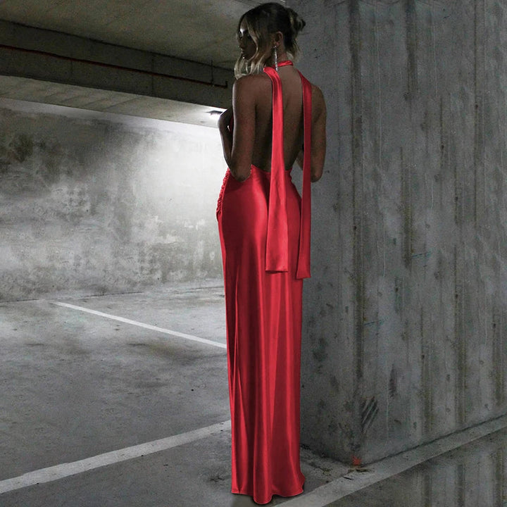 Open Back Satin Maxi Dress with Slit and Matching Scarf Decoration - Felicia