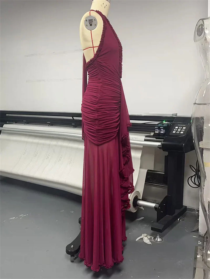 Maxi chiffon dress with ruffles, tie neck, and open back - MARGARITA