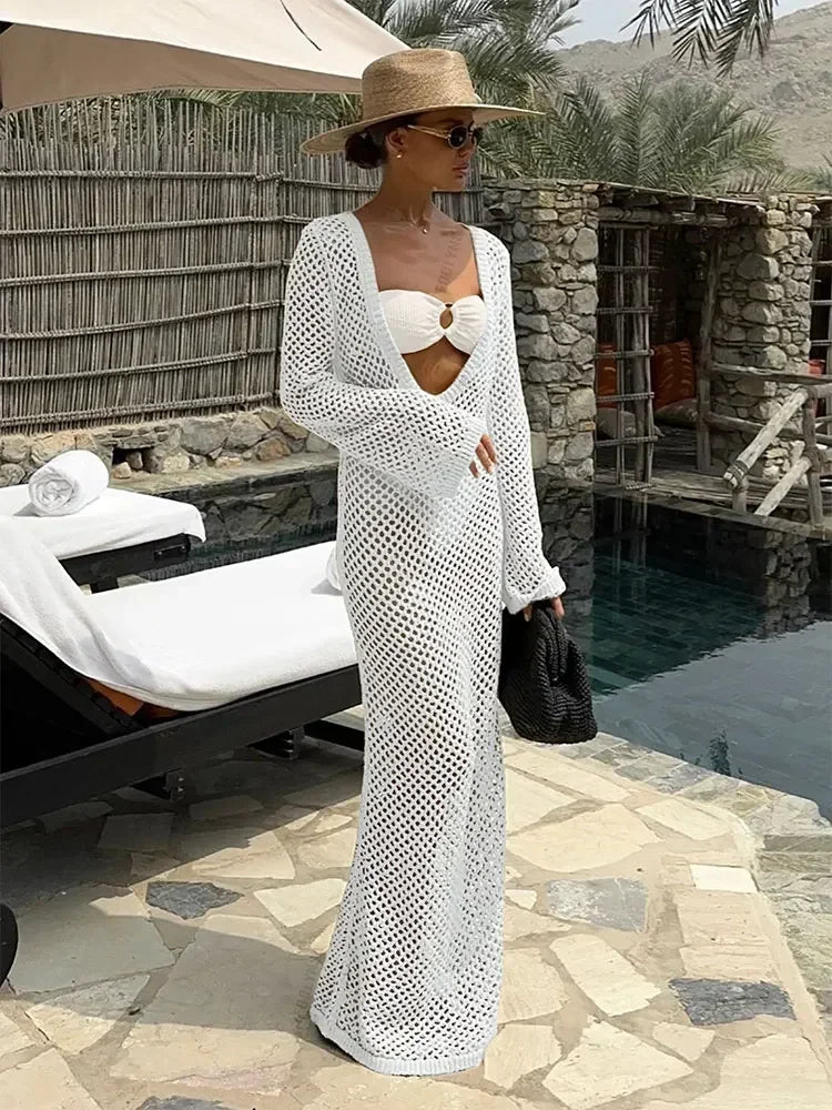 Mesh Maxi Beach Dress with Open Chest/Back - Amber