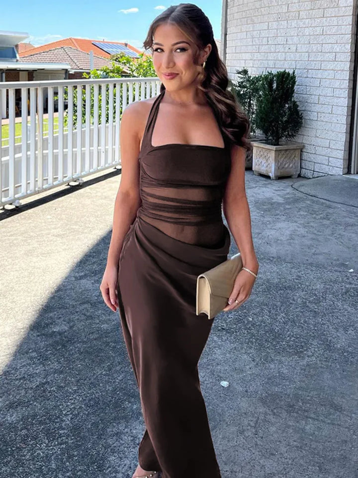 Satin Maxi Dress with Gathered Mesh Top and Open Back - Arya