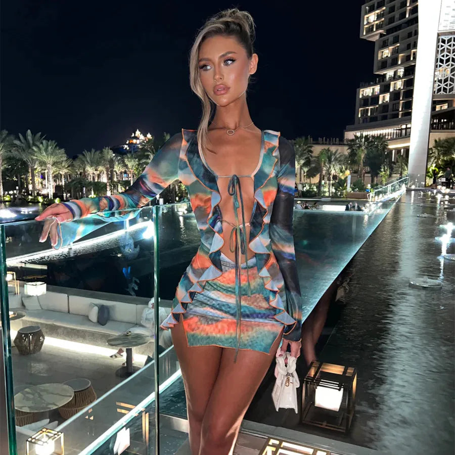 Colorful Beach Mini Dress with Ruffle Detail and Tie Design - Kayla