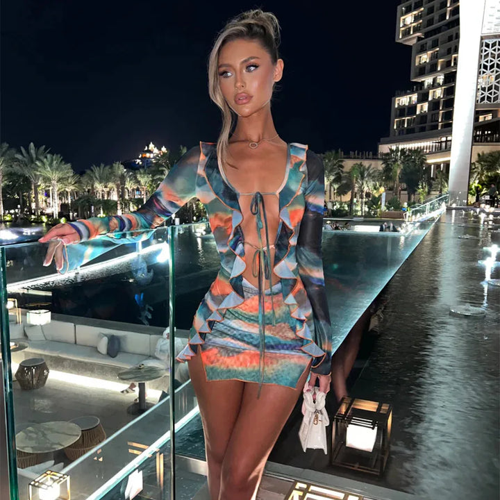 Colorful Beach Mini Dress with Ruffle Detail and Tie Design - Kayla
