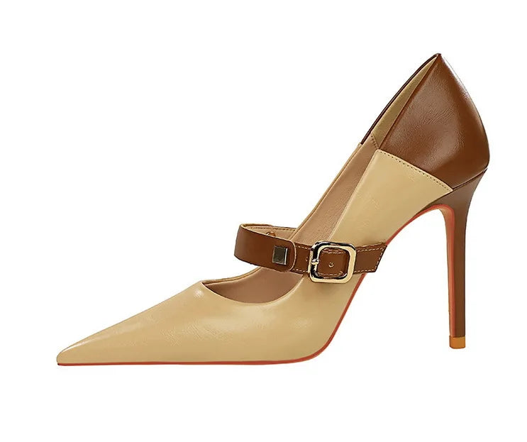 Faux Leather Pointed Heel Shoes with Buckle Decoration - Margaret