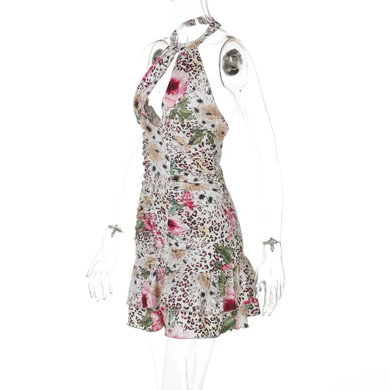 Mini dress with leopard print collar and floral decoration, open back - Chili