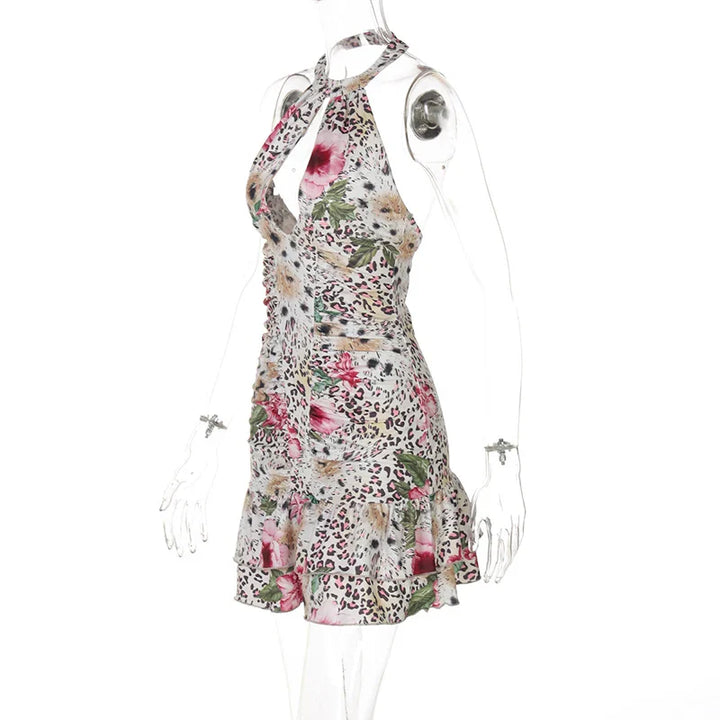 Mini dress with leopard print collar and floral decoration, open back - Chili