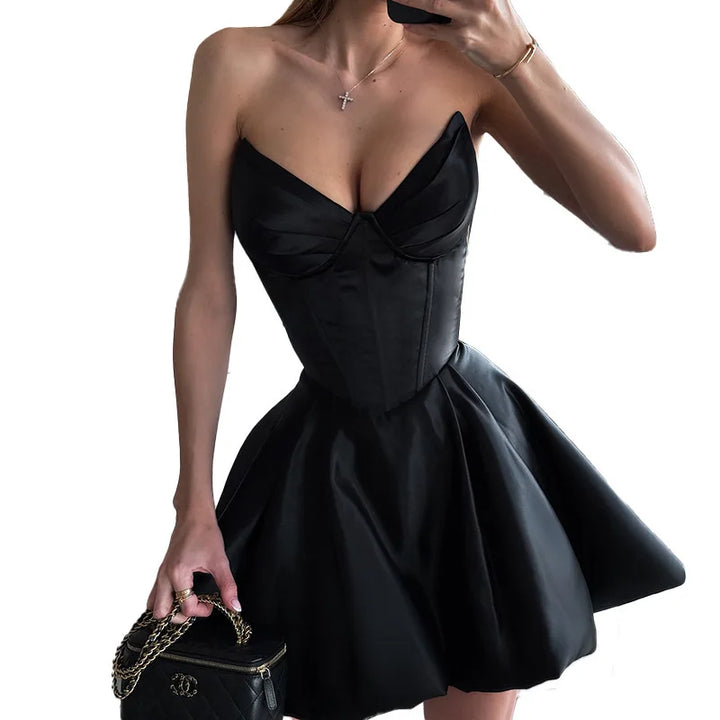 Strapless satin mini dress in A-line cut - Alina