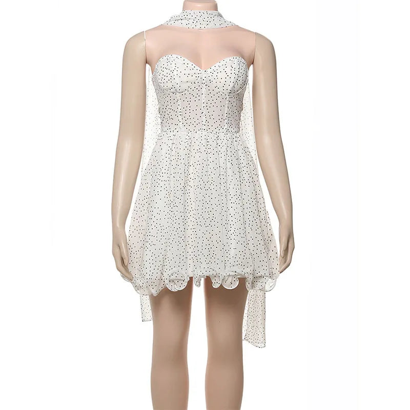 Mini Strapless Ruffle Dress with Corset Design, Polka Dot Detail and Matching Scarf - Milia