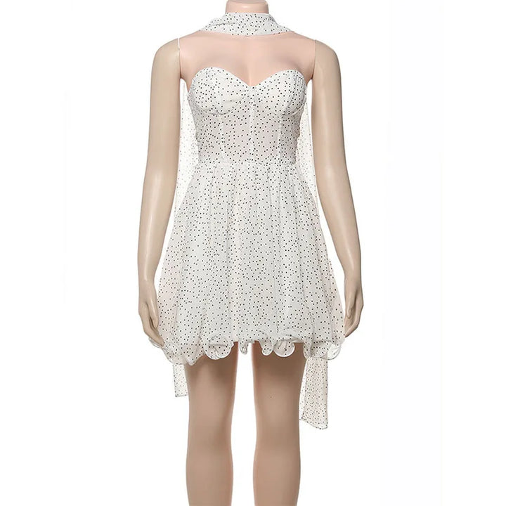 Mini Strapless Ruffle Dress with Corset Design, Polka Dot Detail and Matching Scarf - Milia