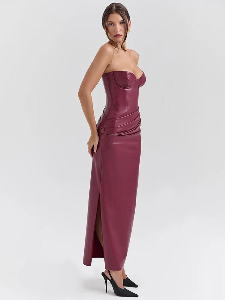 Strapless faux leather maxi dress with ruching and slit design - Marian