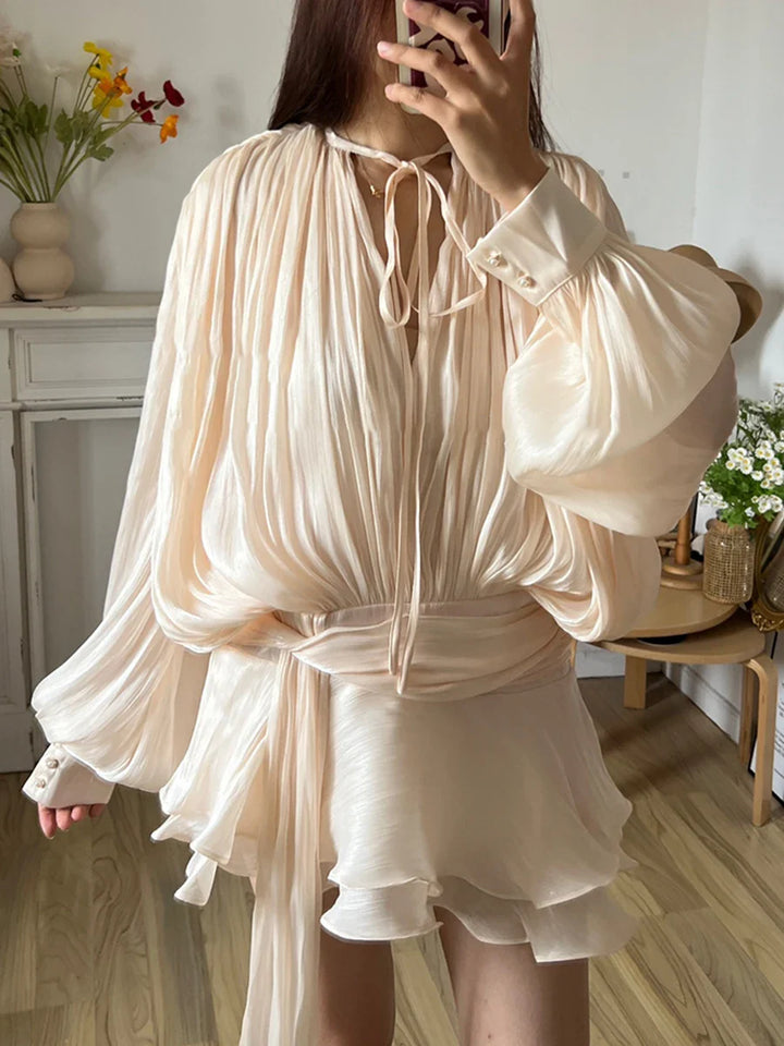 Ruched Mini Dress with Ruffle Detail, Shiny Chiffon Fabric - Lucille